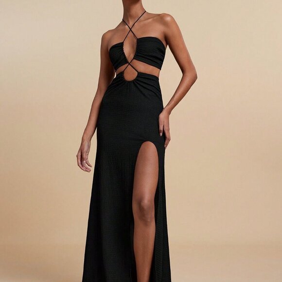 Black Sexy Women's Beach Cut Out Split Thigh Halter Neck Backless Dress - Picture 1 of 5